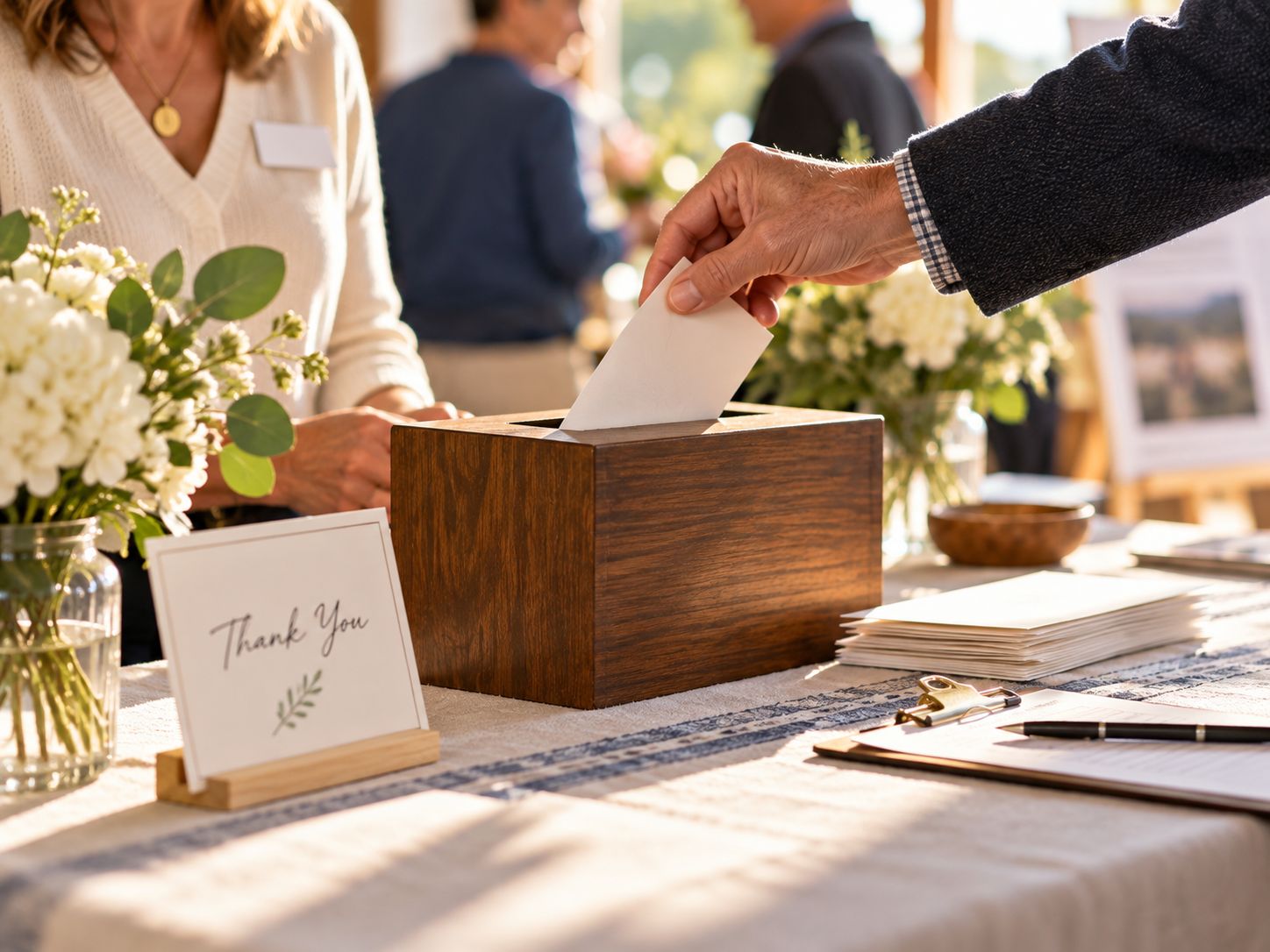A supporter placing a gift in a donation box beside a thank-you card