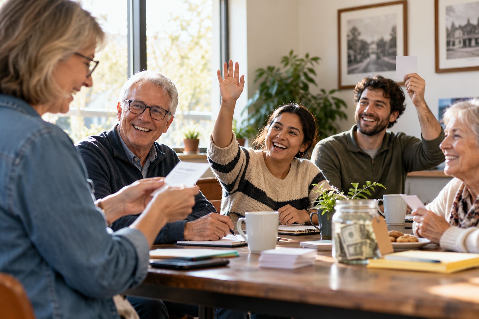 Members laughing and raising hands during meeting trivia