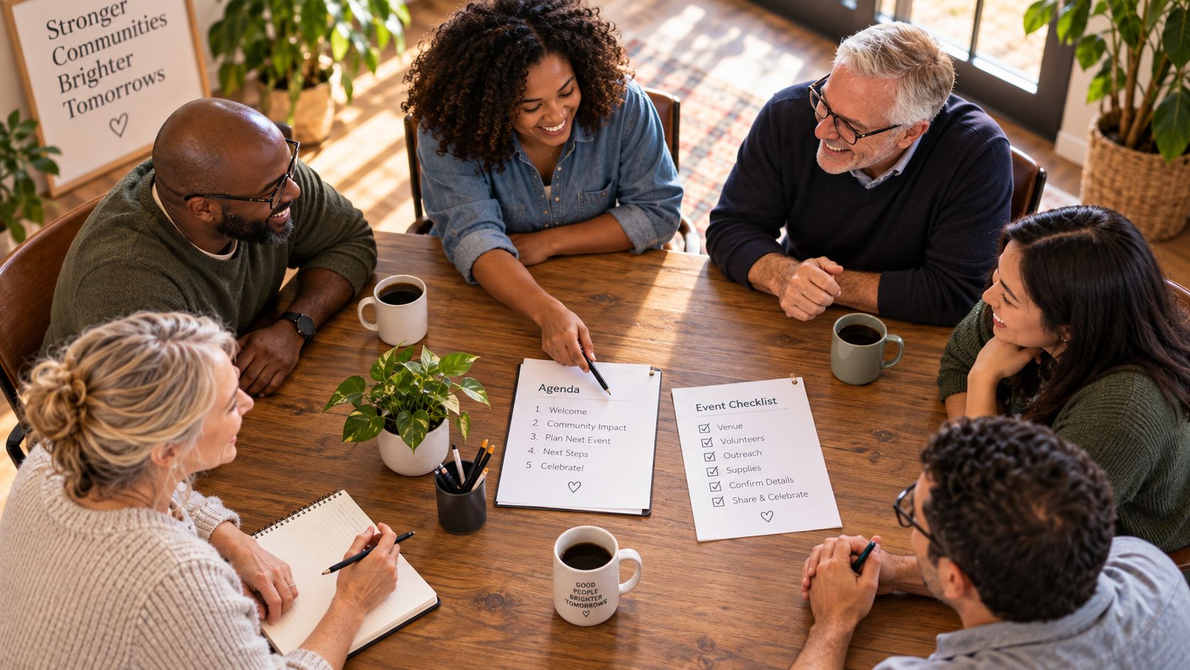 Club members smiling around a table during a meeting