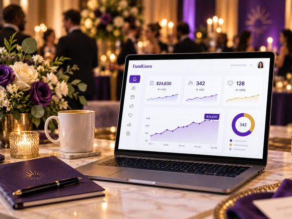 A laptop showing live fundraising totals on a gala table