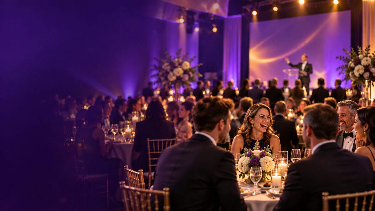 Guests laughing together at a black-tie gala dinner
